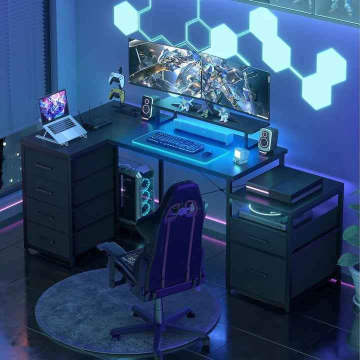 71" L-Shaped Office Desk with Drawers & LED Light