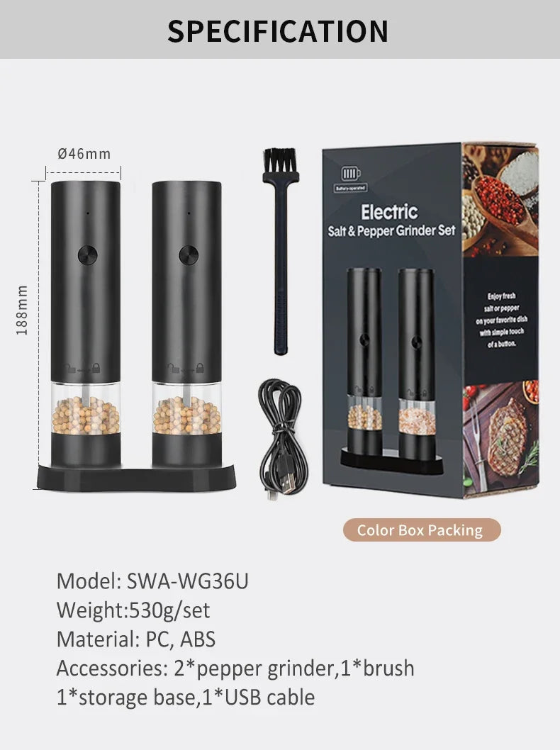 USB Rechargeable Electric Salt & Pepper Grinder – Adjustable Coarseness
