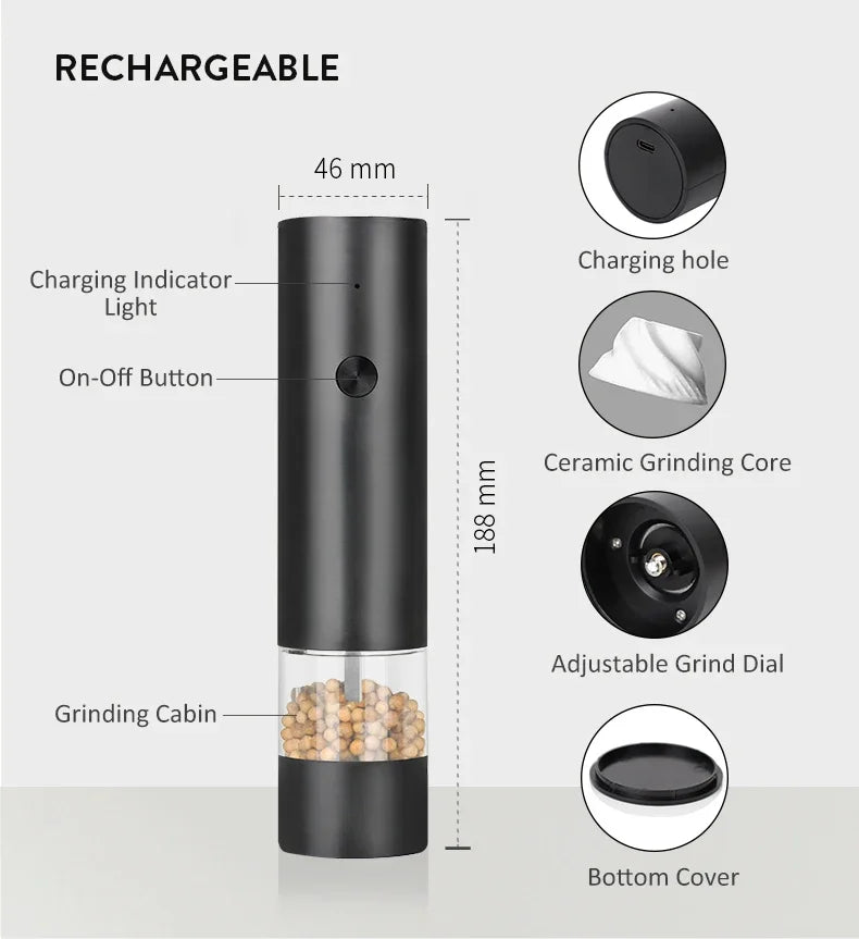 USB Rechargeable Electric Salt & Pepper Grinder – Adjustable Coarseness