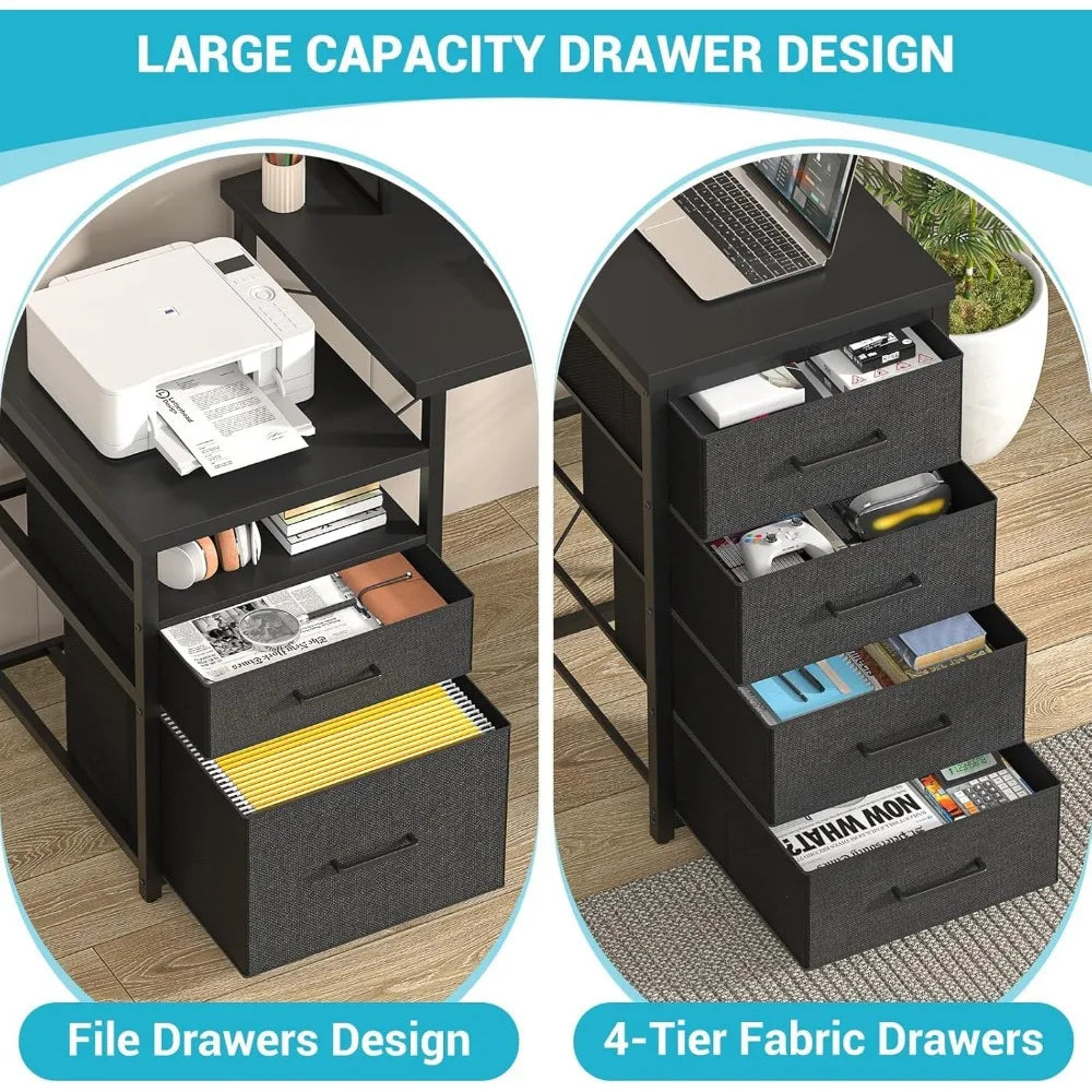 71" L-Shaped Office Desk with Drawers & LED Light