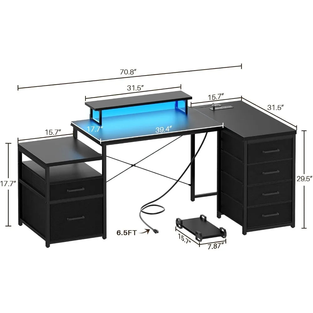 71" L-Shaped Office Desk with Drawers & LED Light