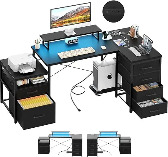 71" L-Shaped Office Desk with Drawers & LED Light