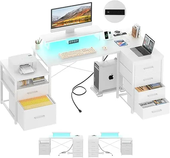 71" L-Shaped Office Desk with Drawers & LED Light