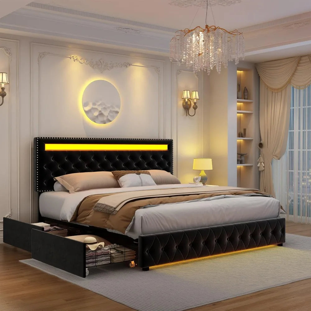 LED Bed Frame with Storage & RGBW Light Control