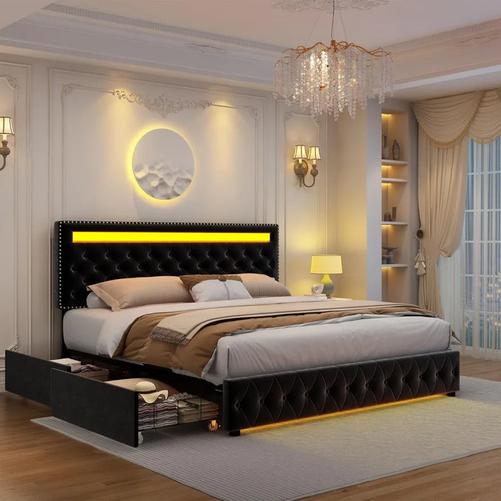 LED Bed Frame with Storage & RGBW Light Control