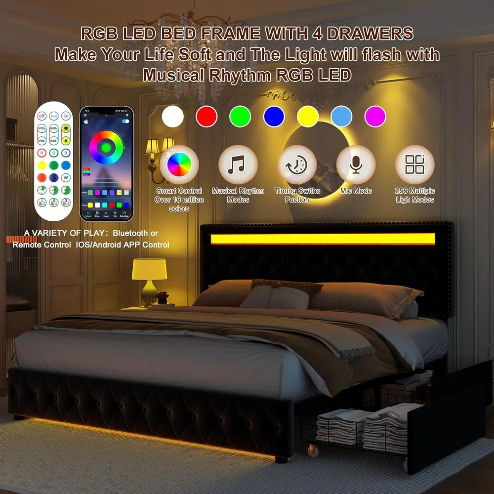LED Bed Frame with Storage & RGBW Light Control
