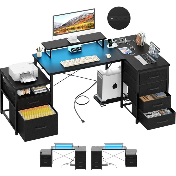 71" L-Shaped Office Desk with Drawers & LED Light