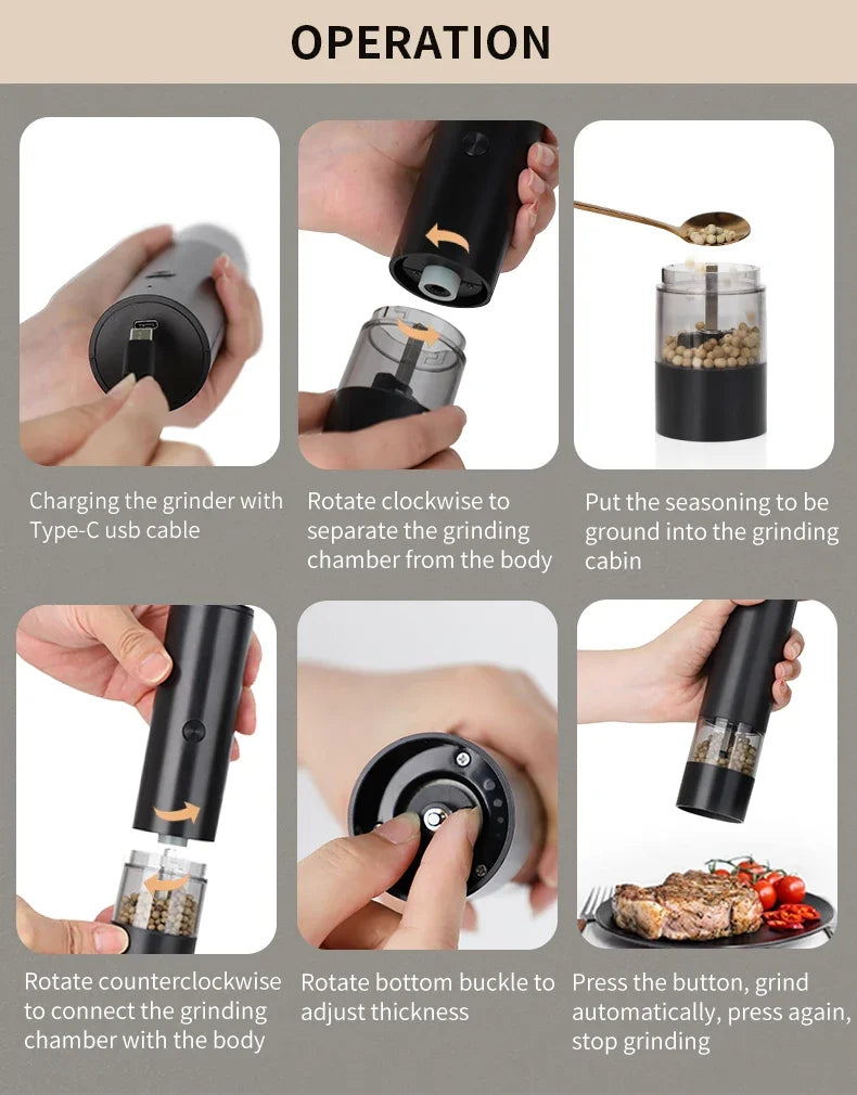 USB Rechargeable Electric Salt & Pepper Grinder – Adjustable Coarseness