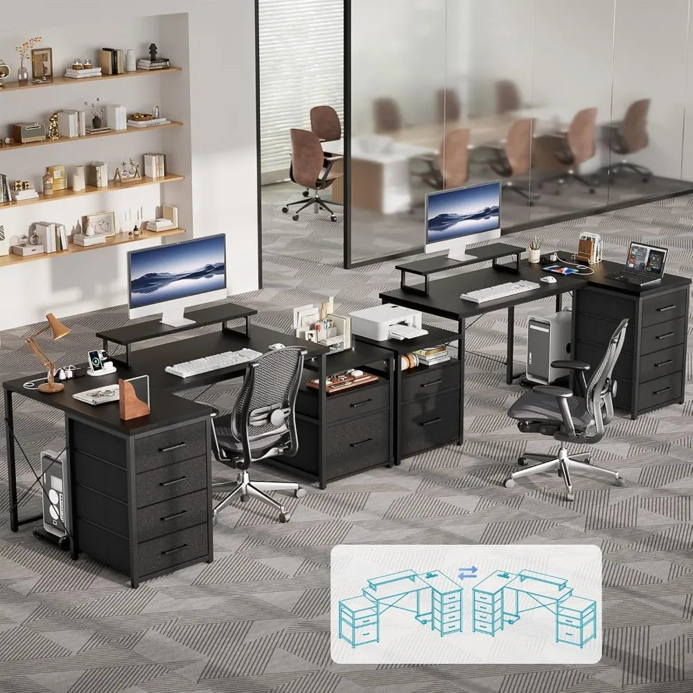 71" L-Shaped Office Desk with Drawers & LED Light