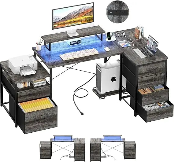 71" L-Shaped Office Desk with Drawers & LED Light