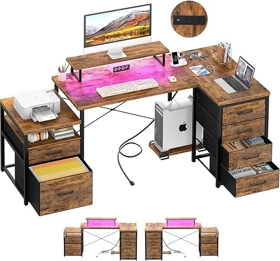 71" L-Shaped Office Desk with Drawers & LED Light