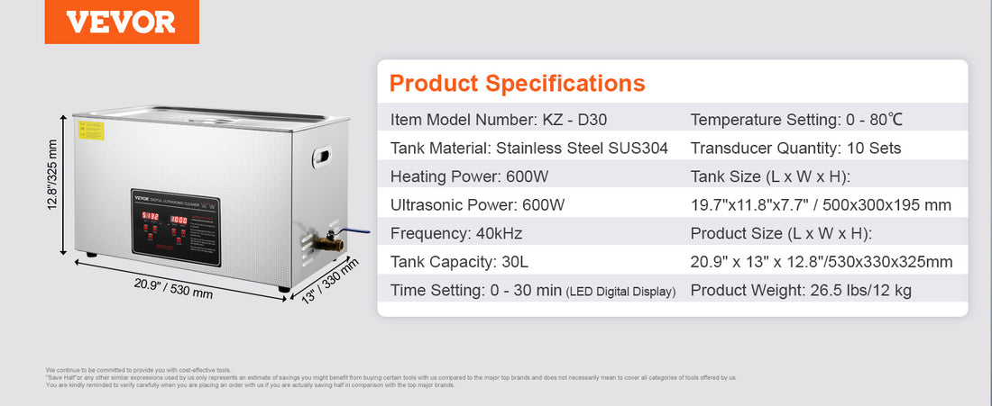 VEVOR Ultrasonic Cleaner – 2L to 30L Stainless Steel